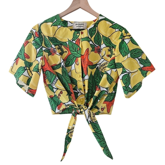 Alessandro Enriquez Lemon Print Short Sleeve Front Tie Blouse IT 42 - Picture 2 of 9